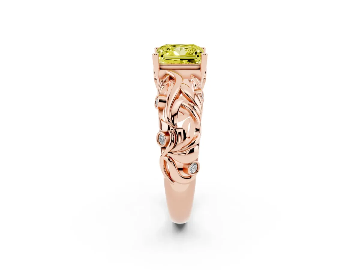 Fancy Yellow Princess Cut Solitaire Diamond Leaf-Inspired Vine Band Ring with Prong Setting Rose gold