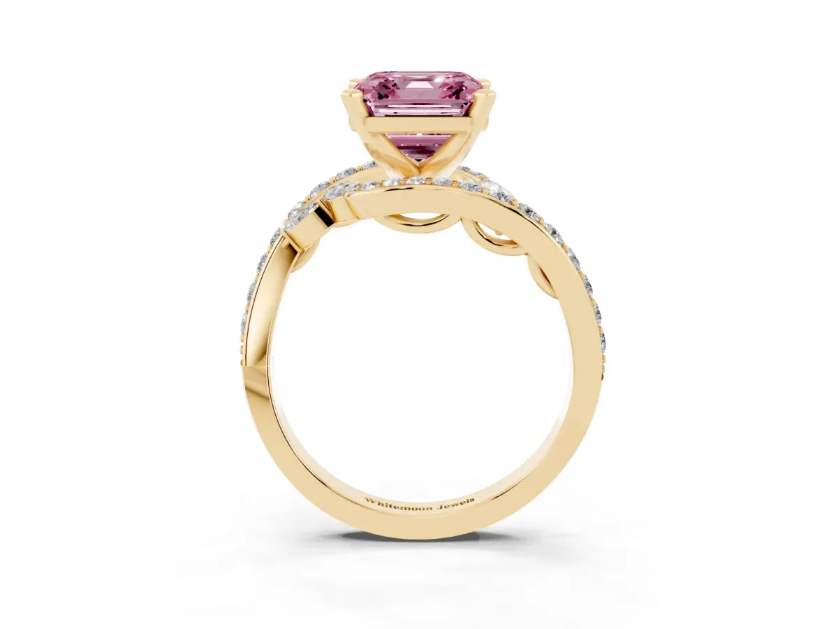 Fancy Pink Asscher Cut Solitaire with Pavé Twist Band and Four-Prong Setting Yellow gold