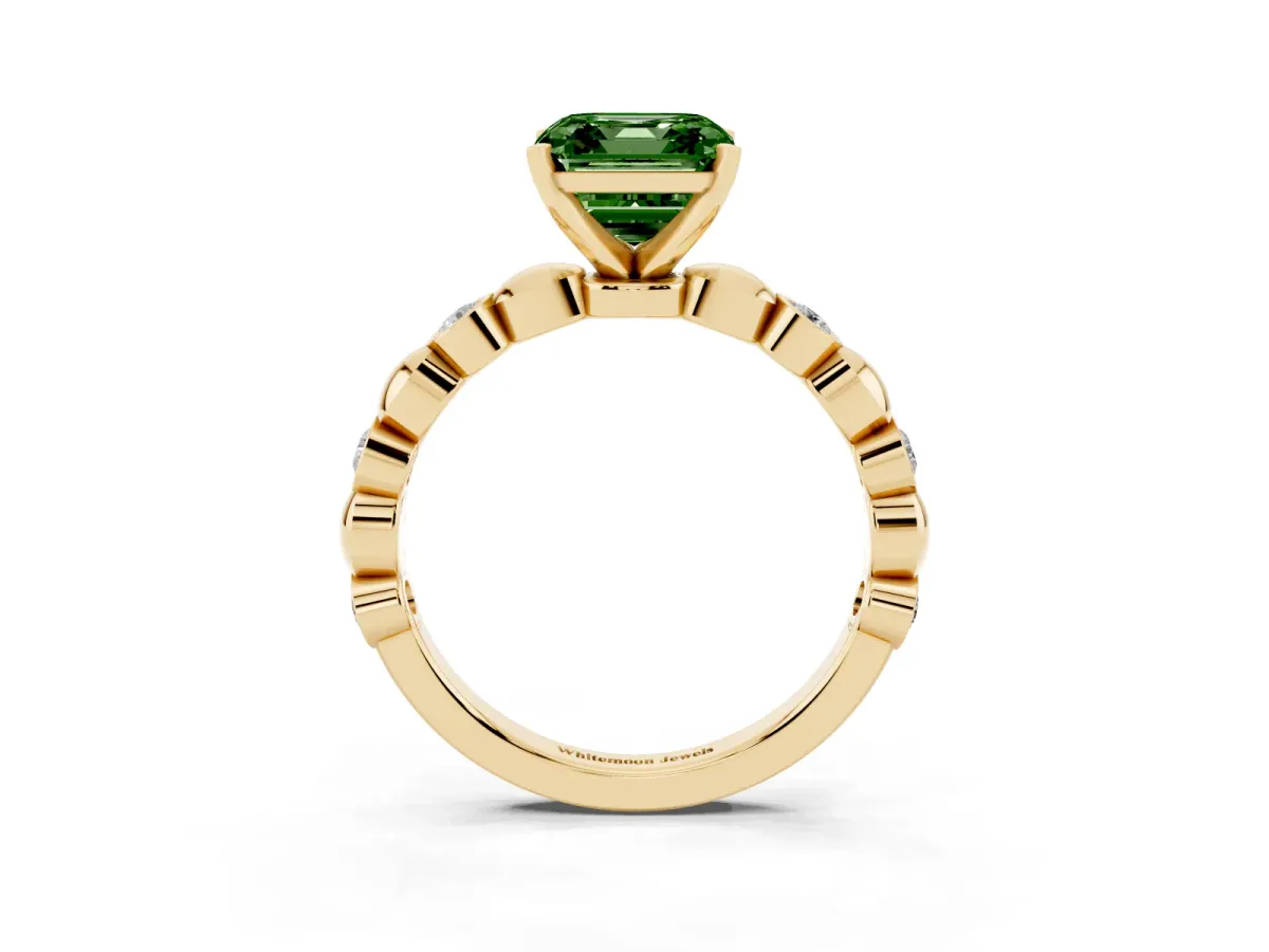 Fancy Green Asscher Cut Solitaire Bezel-Set Diamond Ring with Beaded Band and Four-Prong Setting Yellow gold