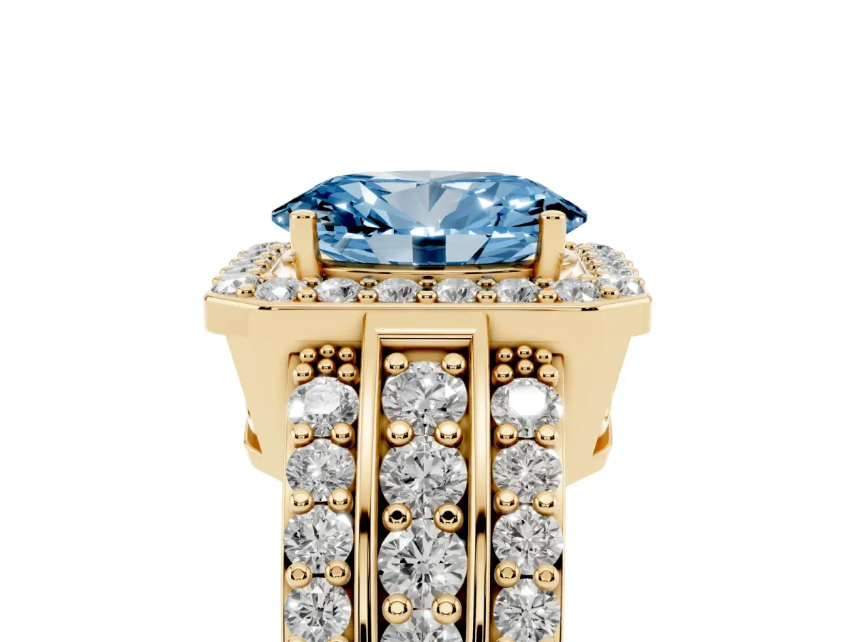 Fancy Blue Oval Cut Halo Diamond Ring with Round Split Shank and Prong Setting Yellow gold