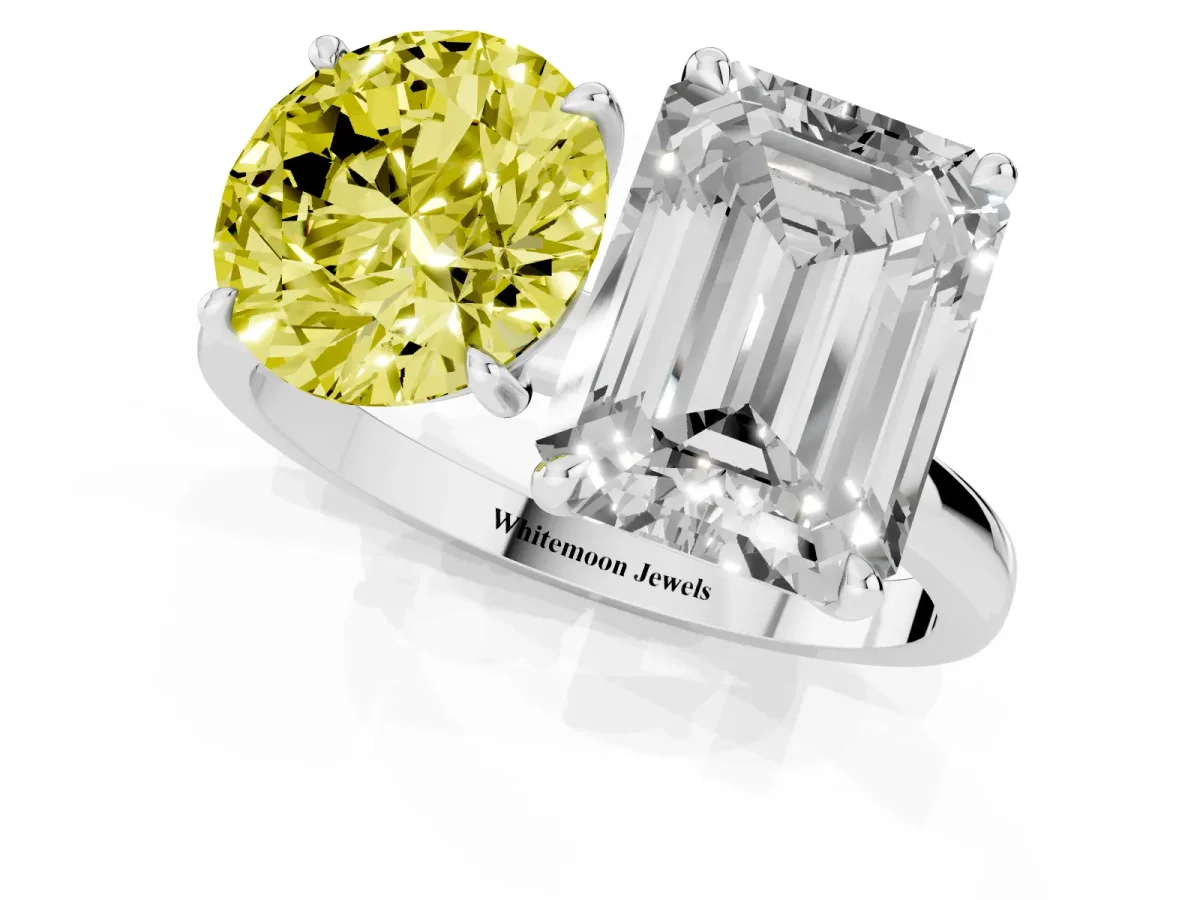 Fancy Yellow Round Cut and Emerald Cut Toi Moi Ring with Prong Setting Platinum