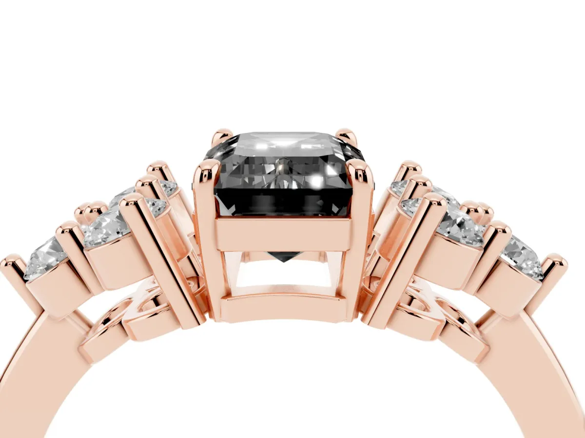 Fancy Black Emerald Cut Brilliant Diamond Cluster Accent Solitaire Ring with Prong Setting Rose gold
