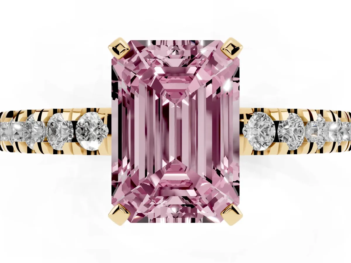 Fancy Pink Emerald Cut Solitaire Diamond with Pavé Band and Four-Prong Setting Yellow gold