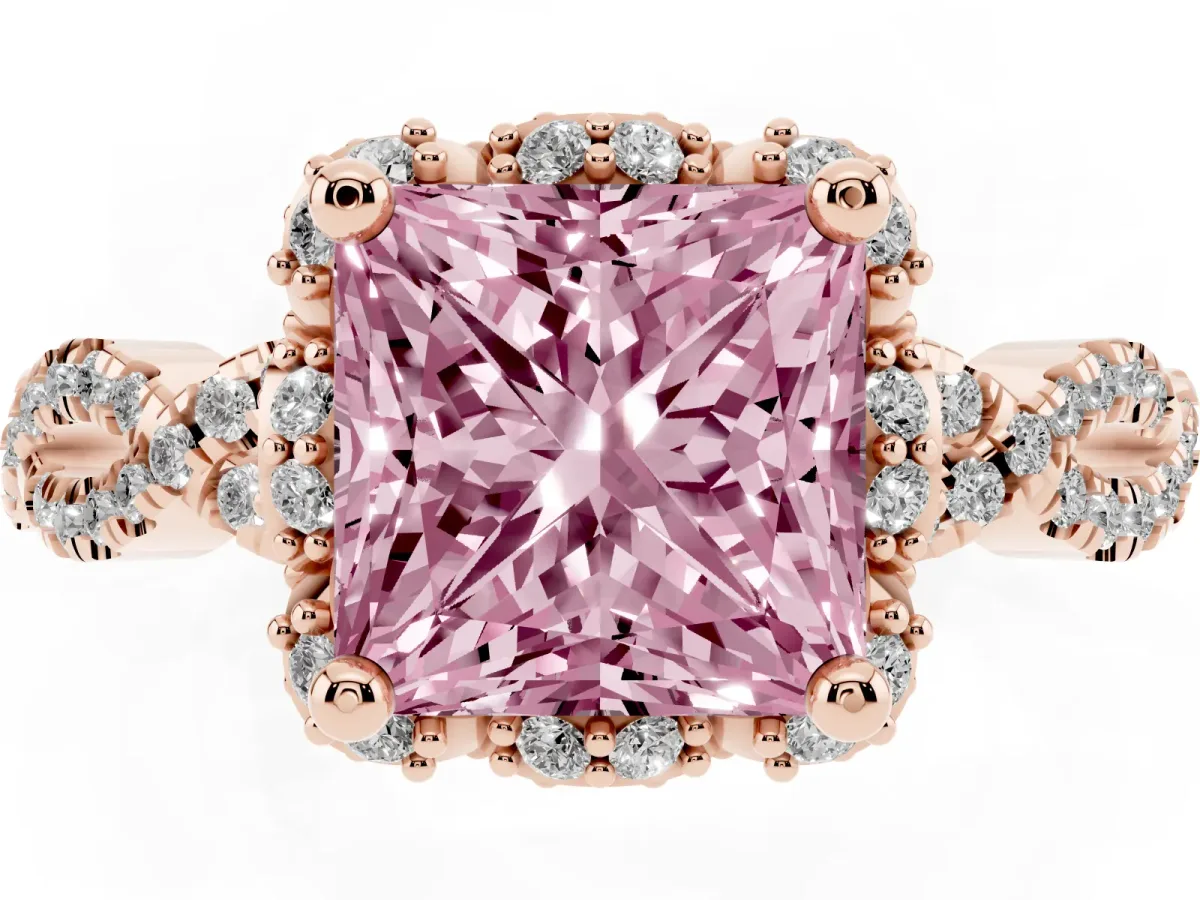 Fancy Pink Princess Cut Halo Twist Band Solitaire Ring with Six-Prong Setting Rose gold