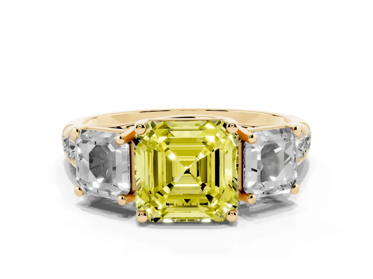 Fancy Yellow Three-Stone Asscher Cut Diamond Pavé Band with Prong Setting Yellow gold