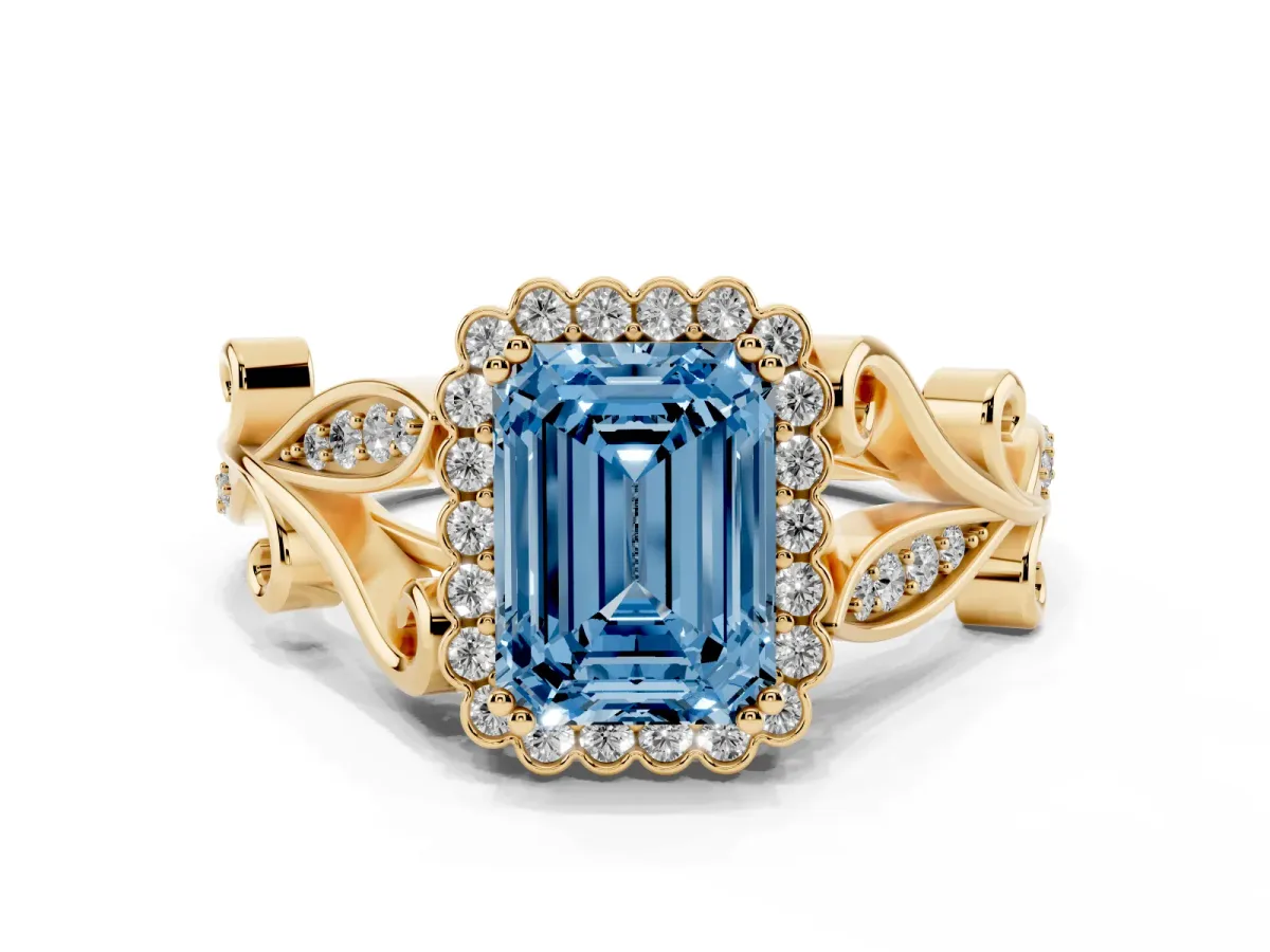 Fancy Blue Emerald Cut Diamond Halo Ring with Vintage Split Shank and Four-Prong Setting Yellow gold