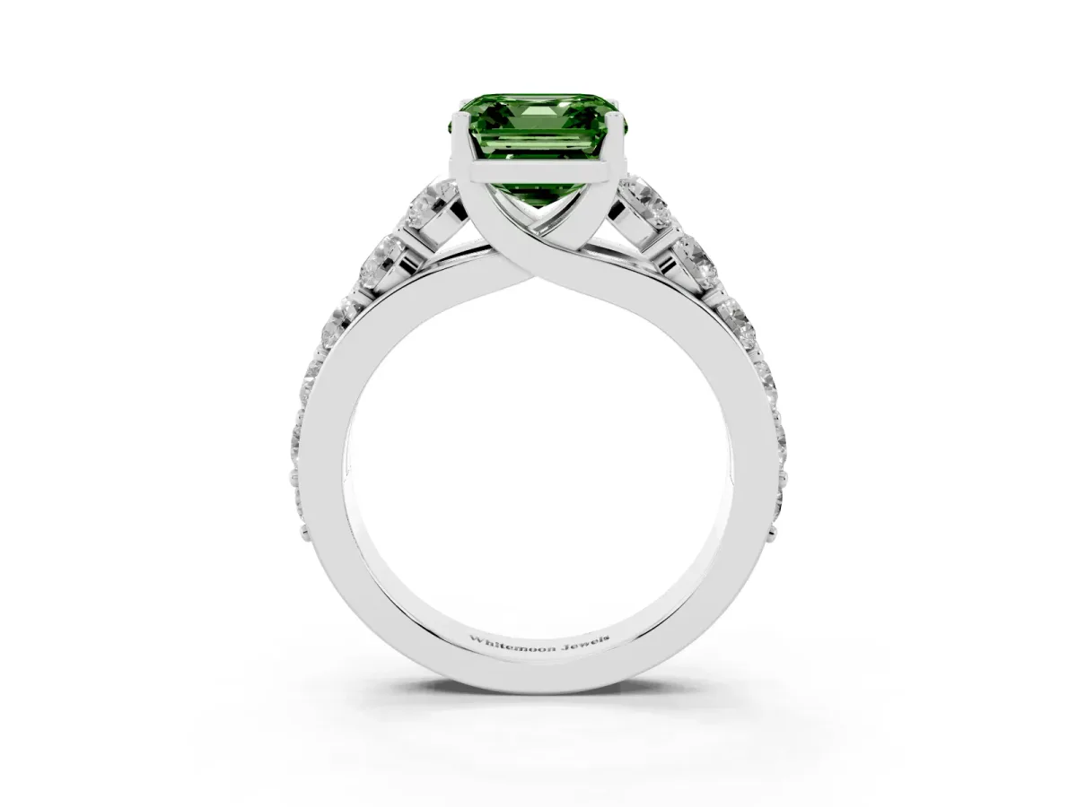Fancy Green Asscher Cut Diamond Engagement Ring with Pavé Band and Four-Prong Setting Platinum