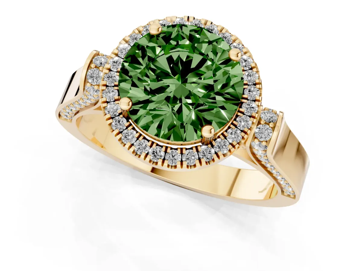 Fancy Green Round Cut Halo Pave Split Shank Prong Setting Ring Yellow gold