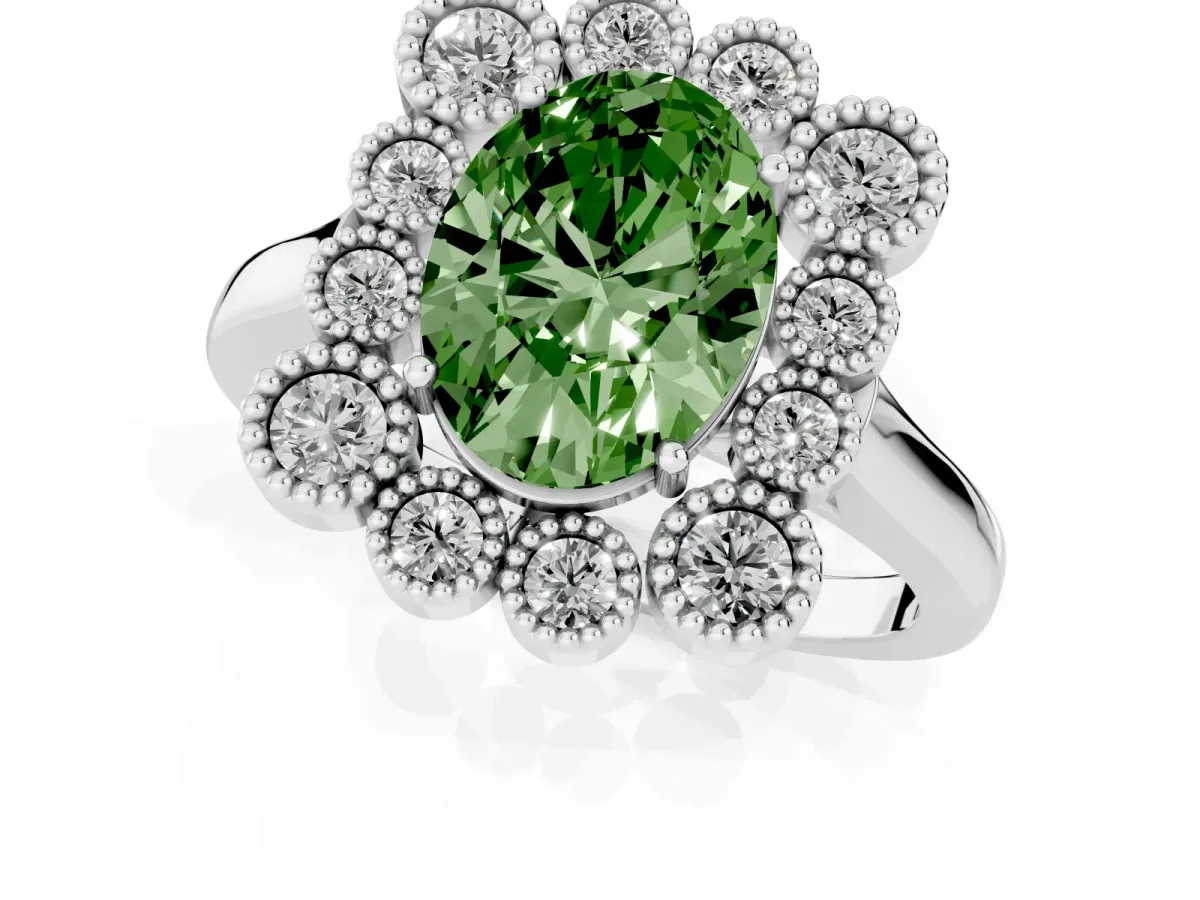 Fancy Green Oval Cut Halo Diamond Cluster Engagement Ring with Milgrain Bezel Setting and Solitaire Band Silver