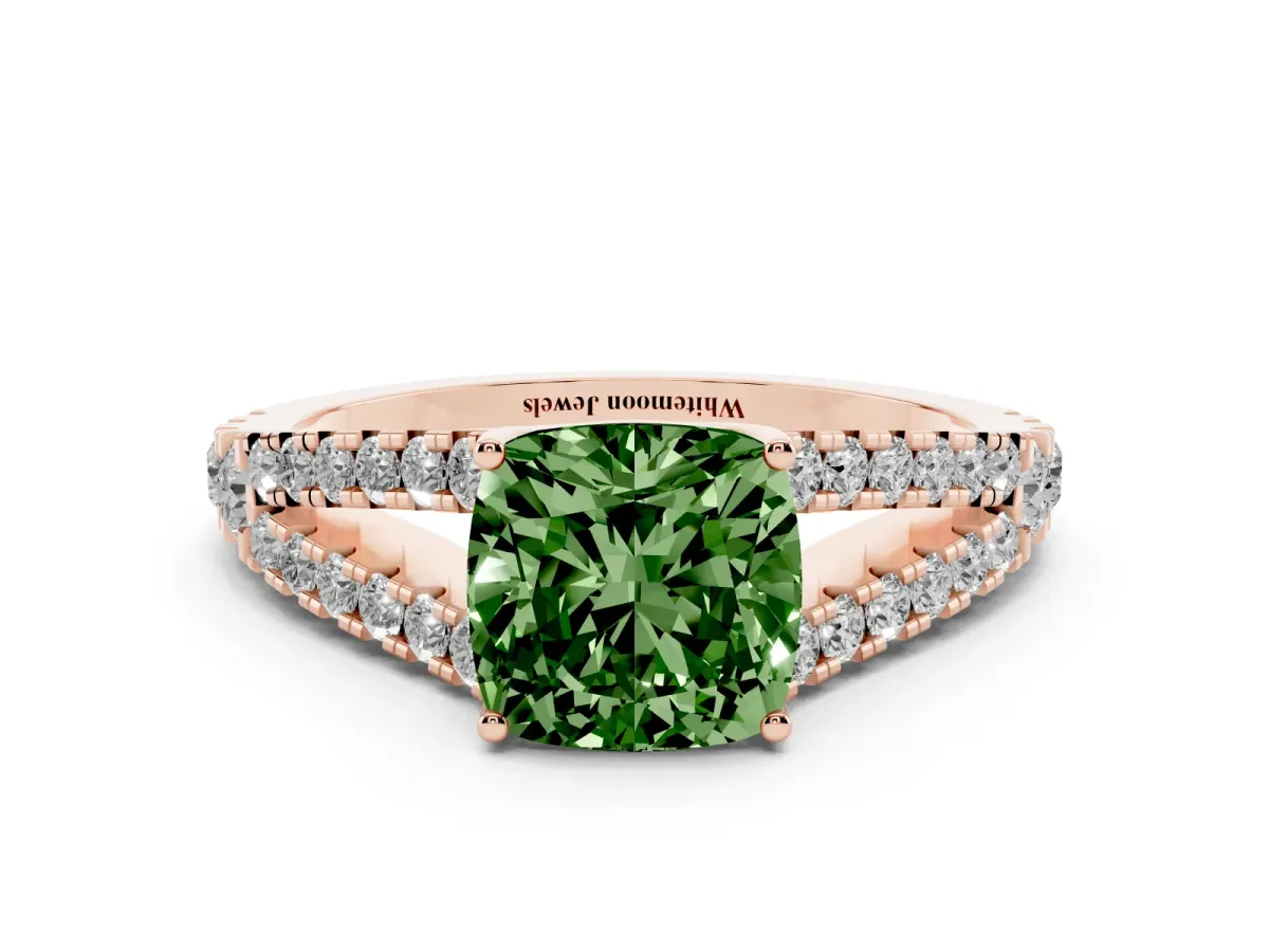 Fancy Green Cushion Cut Diamond Split Shank Pavé Engagement Ring with Four-Prong Setting Rose gold