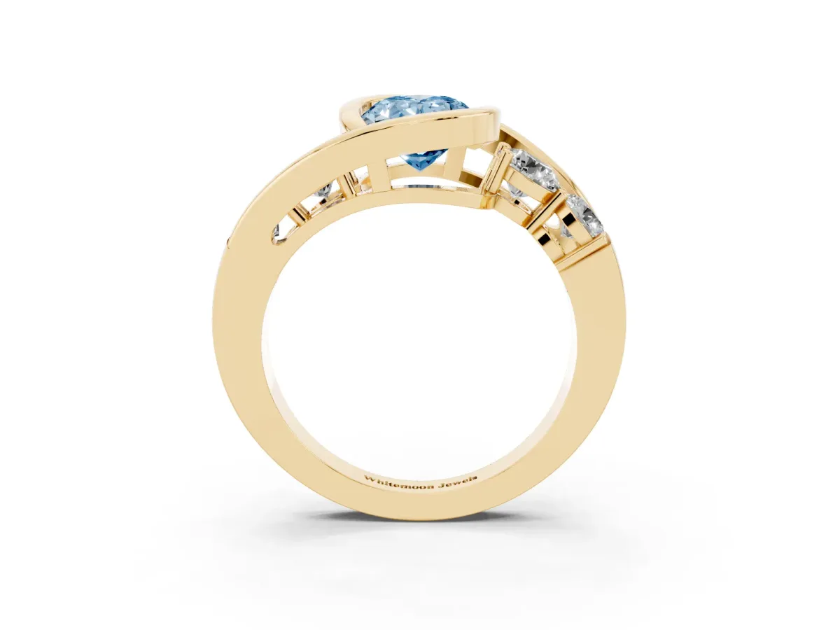 Fancy Blue Bezel Set Oval Cut Diamond Bypass Ring with Round Accents Yellow gold
