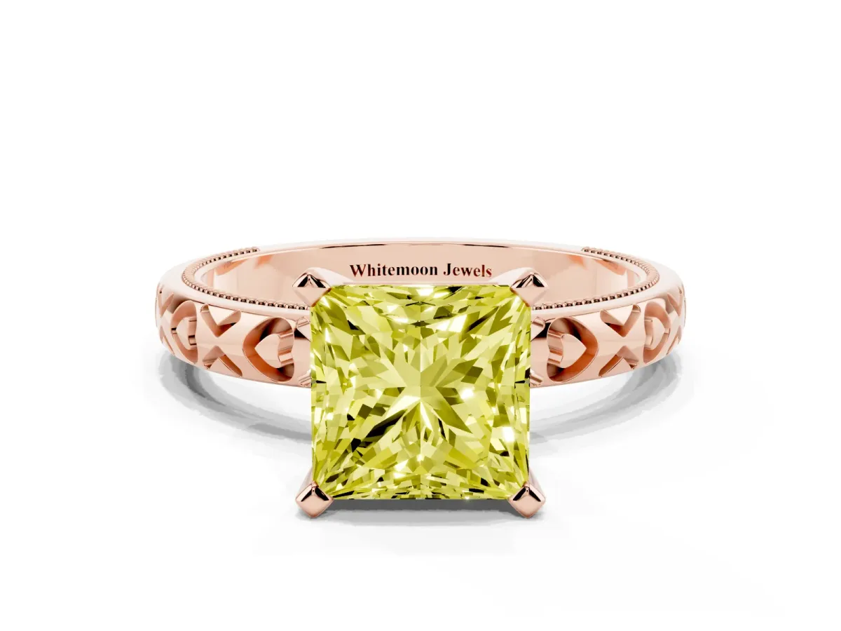Fancy Yellow Princess Cut Solitaire Diamond Engagement Ring with XO Engraved Band and Four-Prong Setting Rose gold