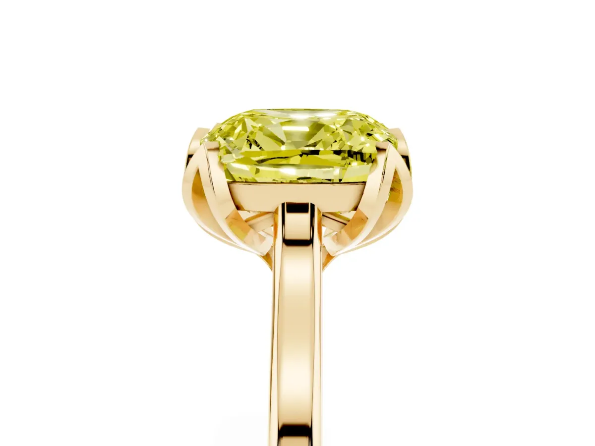 Fancy Yellow Cushion Cut Diamond Solitaire Ring with Flower Prong Setting and Classic Band Yellow gold