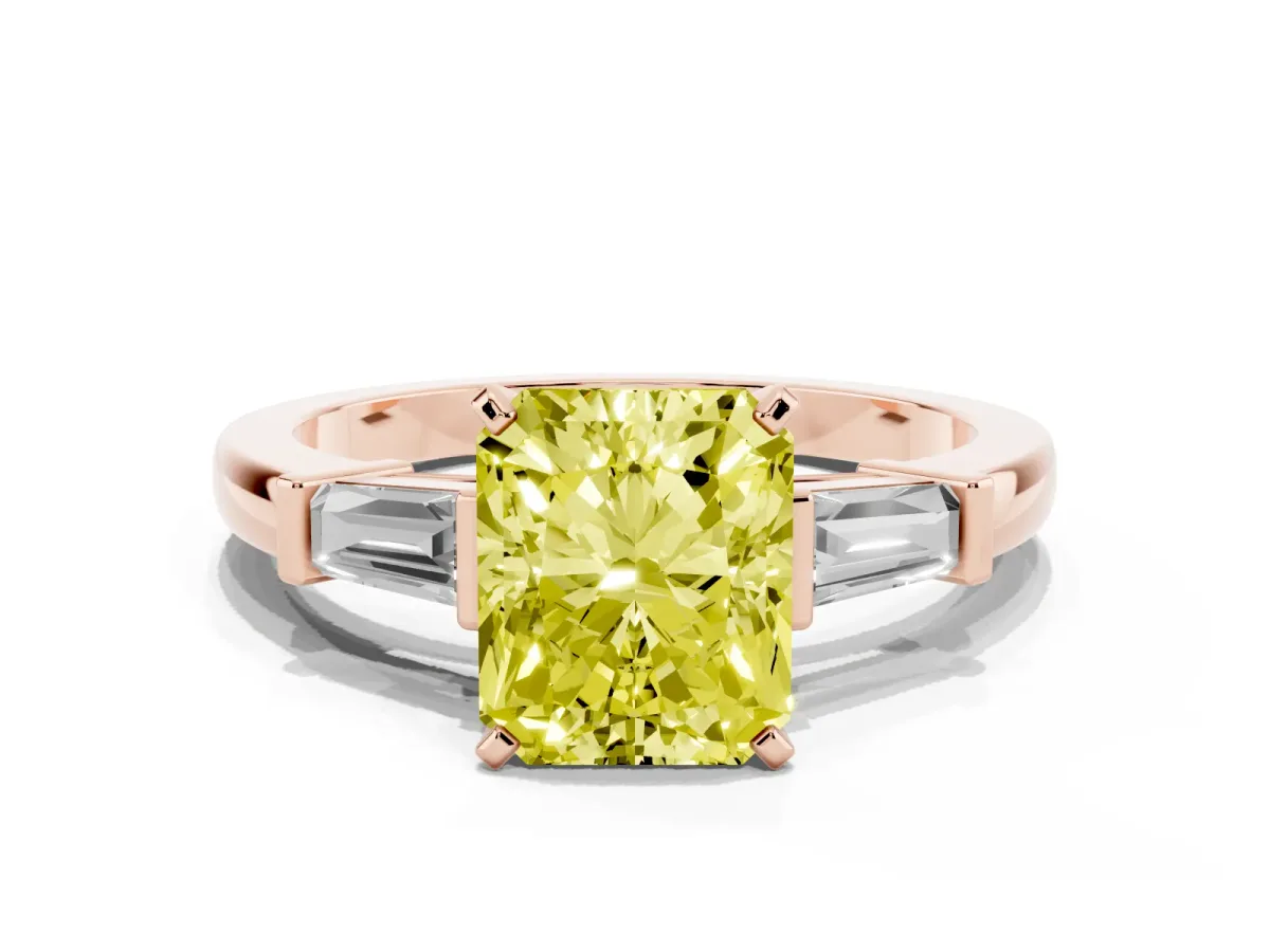 Fancy Yellow Radiant Cut Cut Diamond Solitaire Ring with Tapered Baguette Accents and Four-Prong Setting Rose gold