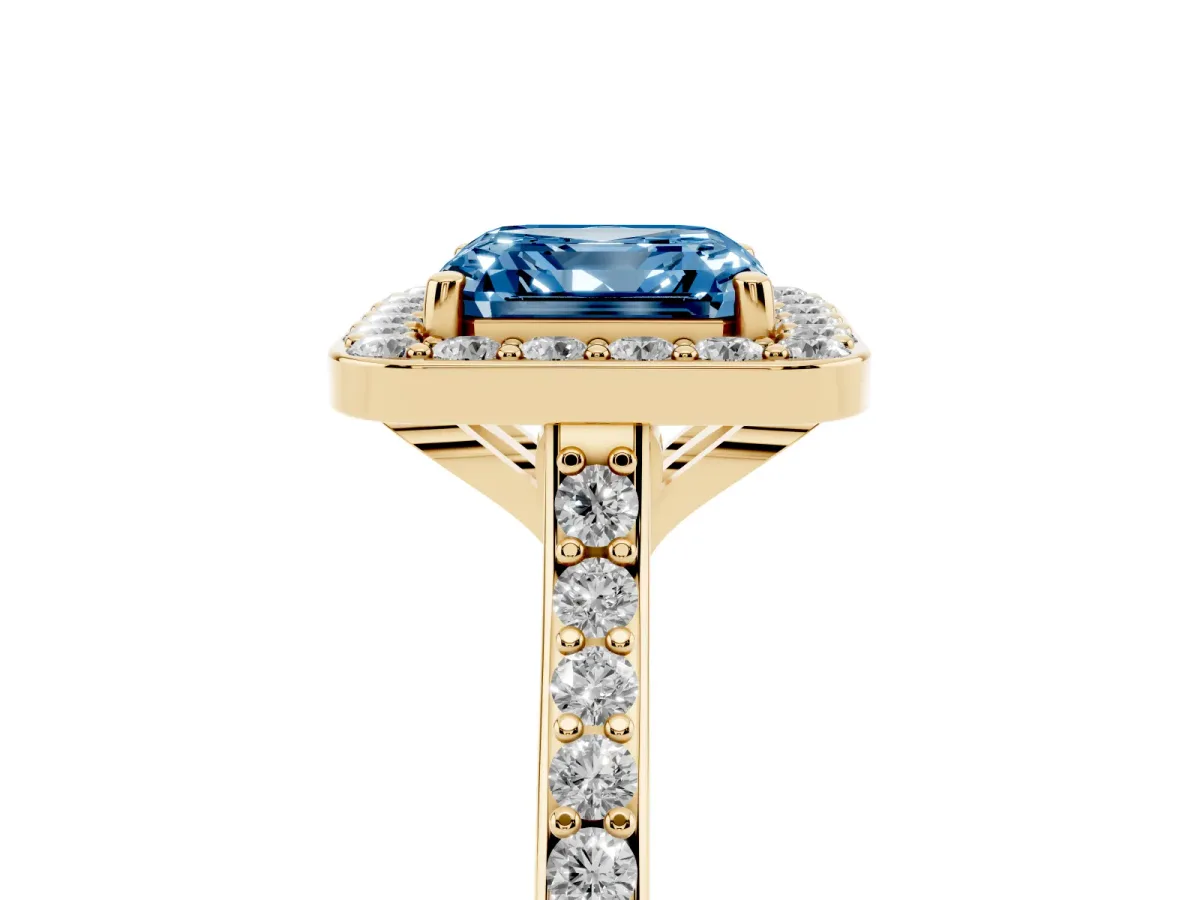 Fancy Blue Asscher Cut Diamond Halo Engagement Ring with Round Pavé Shoulders and Prong Setting Yellow gold