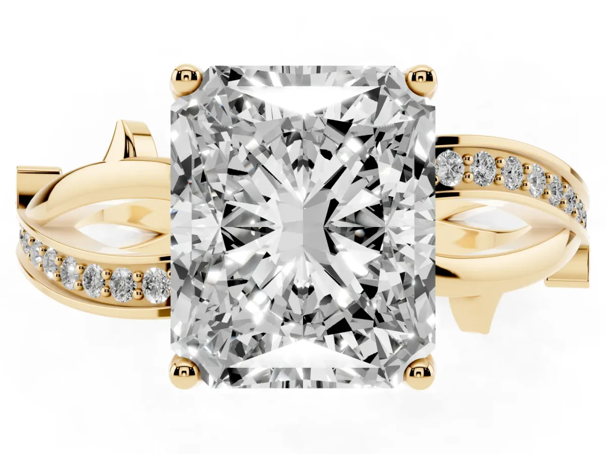 Radiant Cut Solitaire Twist Band with Pavé Accents and Four-Prong Setting Yellow gold