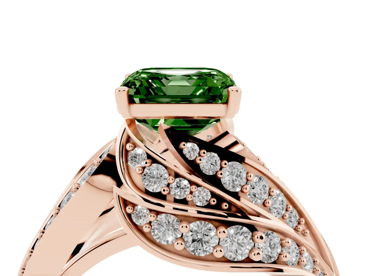 Fancy Green Asscher Cut Diamond Solitaire Ring with Prong Setting and Twisted Pavé Band Rose gold