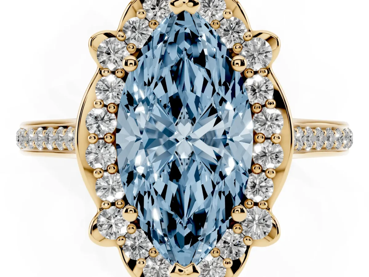 Fancy Blue Marquise Cut Halo Round Diamond Pave Band with Four-Prong Setting Yellow gold