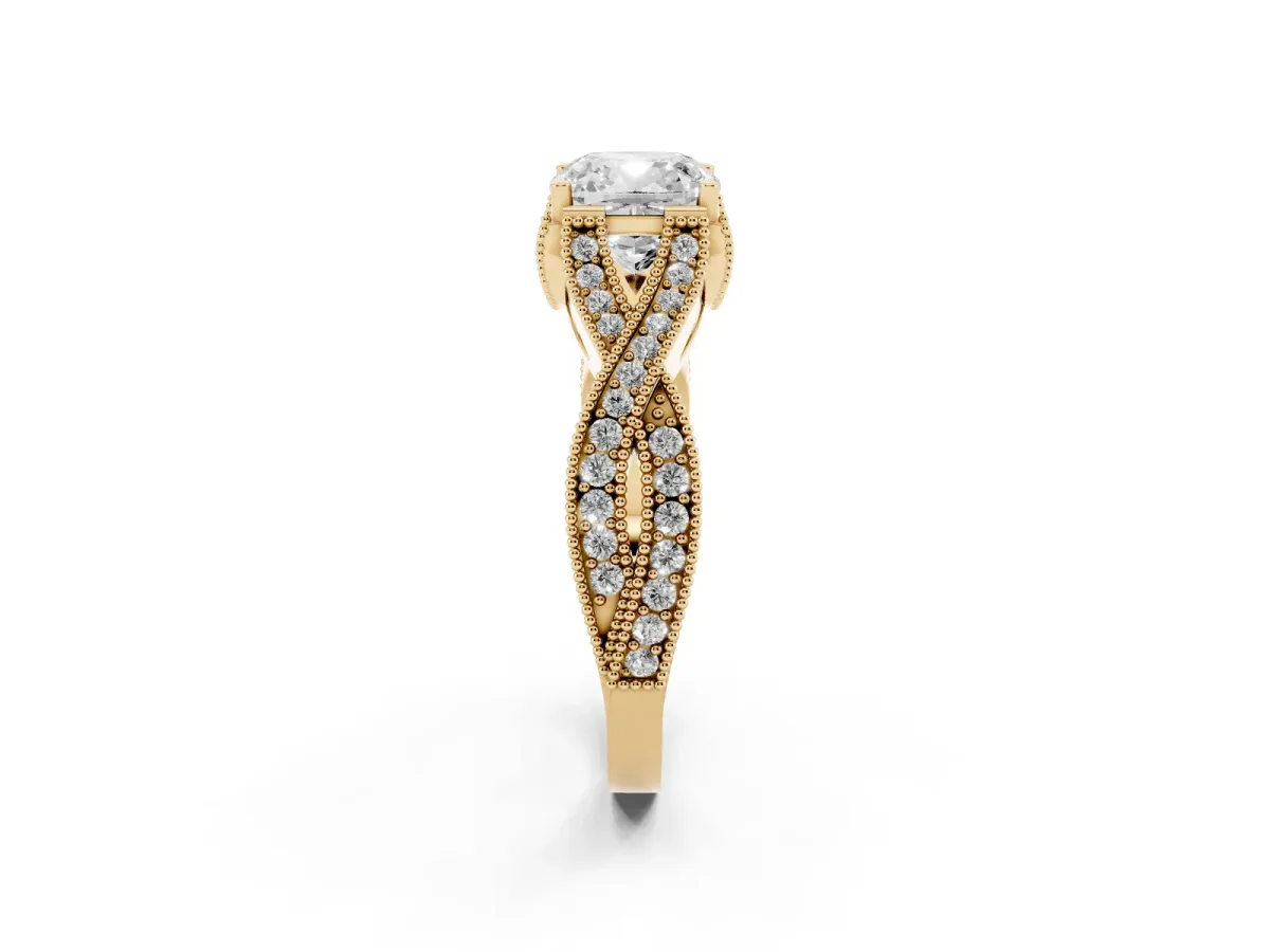 Cushion Cut Cut Diamond Twisted Band with Milgrain Pave Setting and Four-Prong Setting Yellow gold