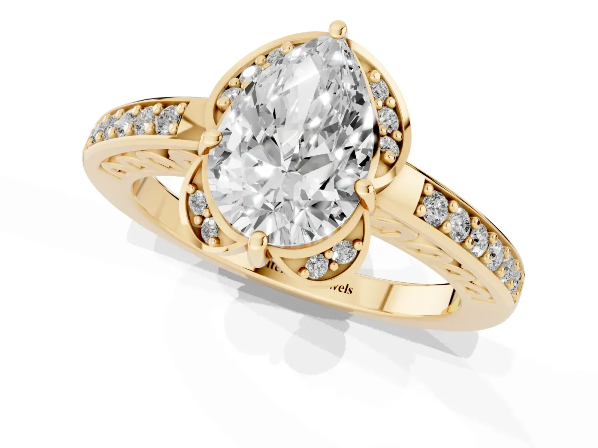Pear Cut Cut Halo Diamond Ring with Channel Set Band and Four-Prong Setting Yellow gold