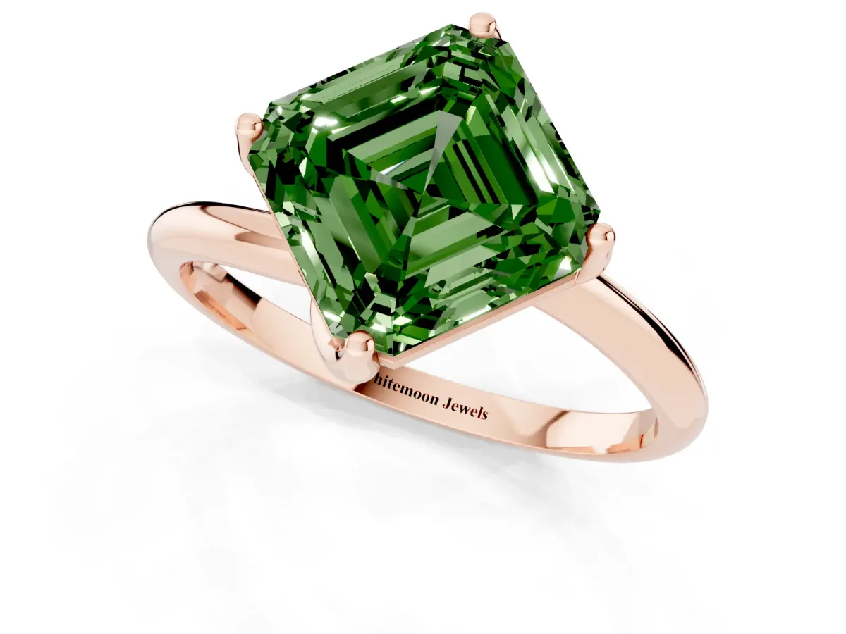 Fancy Green Asscher Cut Diamond Solitaire Engagement Ring with Four-Prong Setting and Classic Band Rose gold