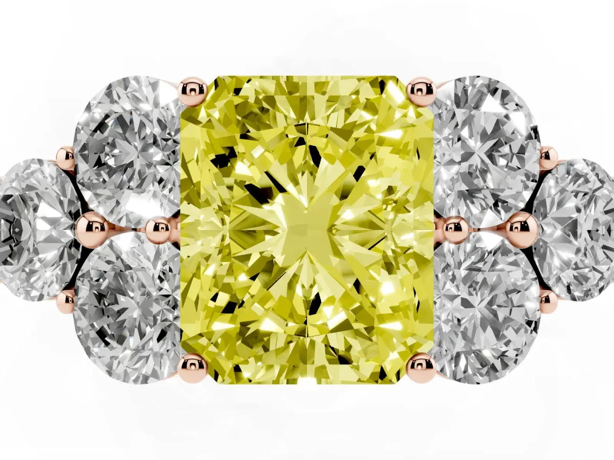 Fancy Yellow Radiant Cut Cut Diamond Cluster Ring with Round Accent Stones and Prong Setting on a Classic Band Rose gold
