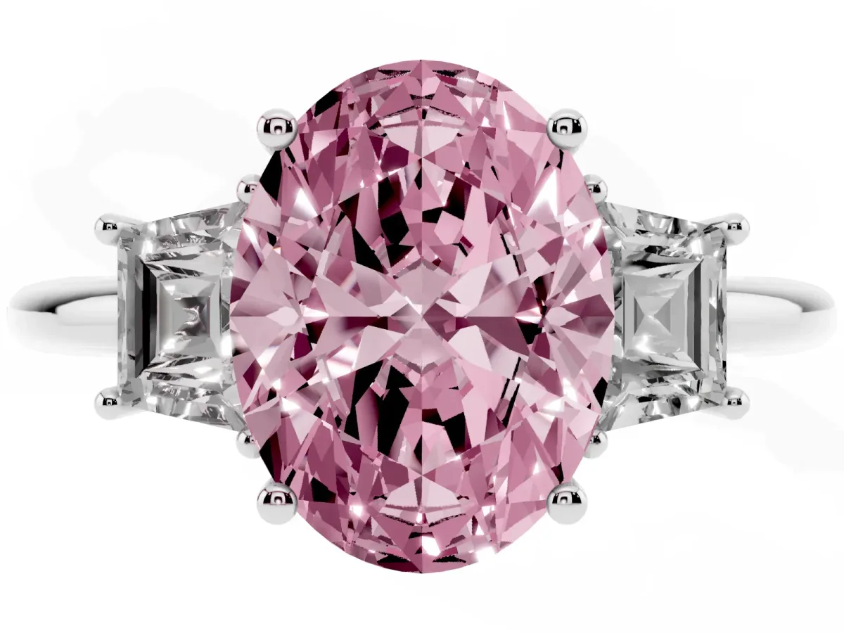 Fancy Pink Oval Cut Diamond Three-Stone Ring with Trapezoid Side Stones and Prong Setting Silver