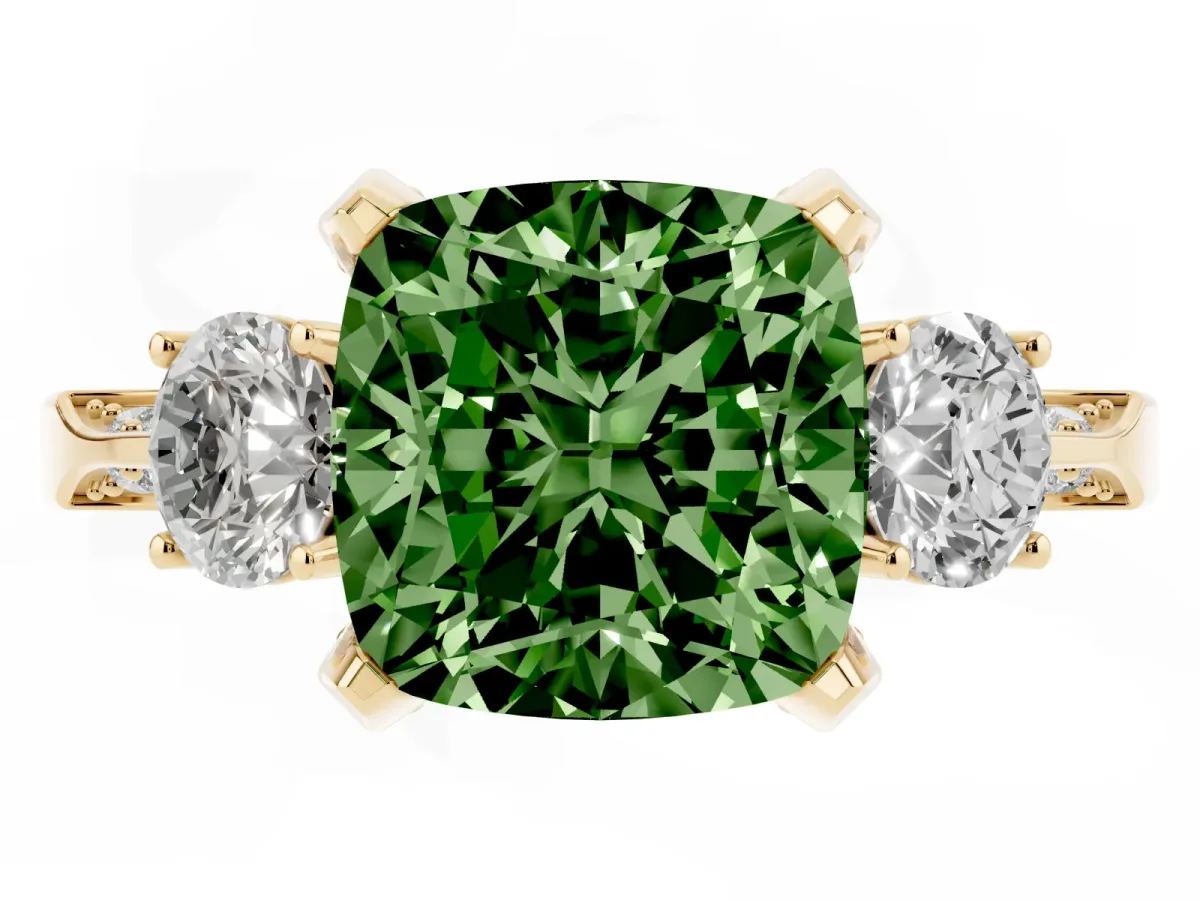 Fancy Green Cushion Cut Brilliant Three-Stone Diamond Ring with Pavé Band and Four-Prong Setting Yellow gold