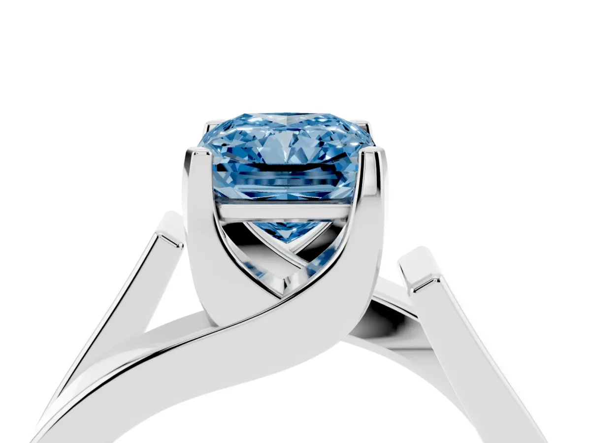 Fancy Blue Modern Tension Set Radiant Cut Diamond Solitaire Wide Band Ring Silver