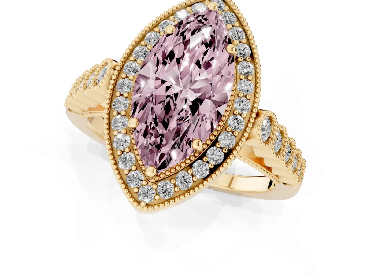 Fancy Pink Marquise Cut Halo Milgrain Solitaire with Bezel Set Side Stones and Pave Band Yellow gold