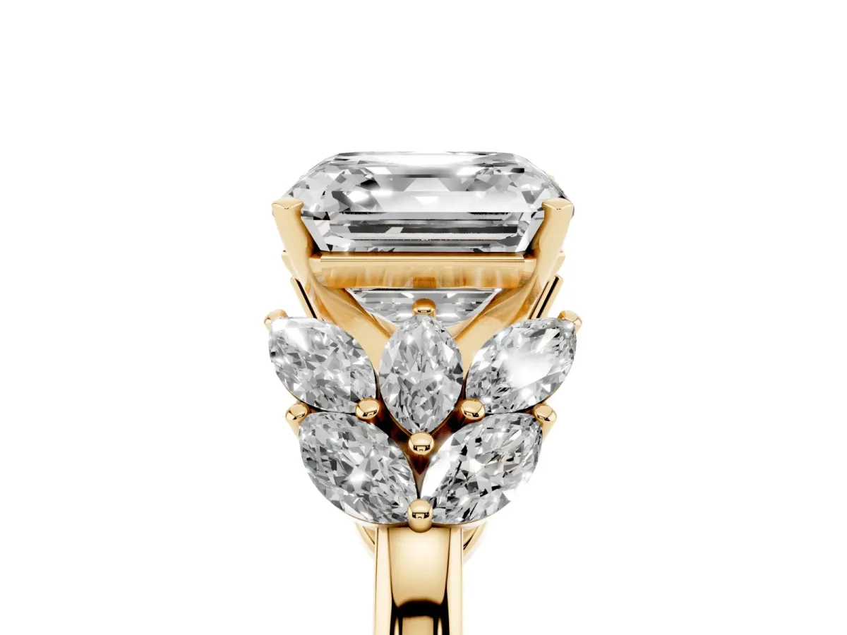 Asscher Cut Diamond Cluster Leaf Design Ring with Prong Setting Yellow gold