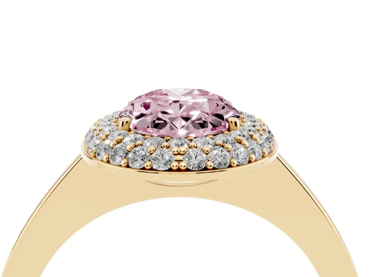Fancy Pink Oval Cut Halo Diamond Engagement Ring with Solitaire Band and Four-Prong Setting Yellow gold