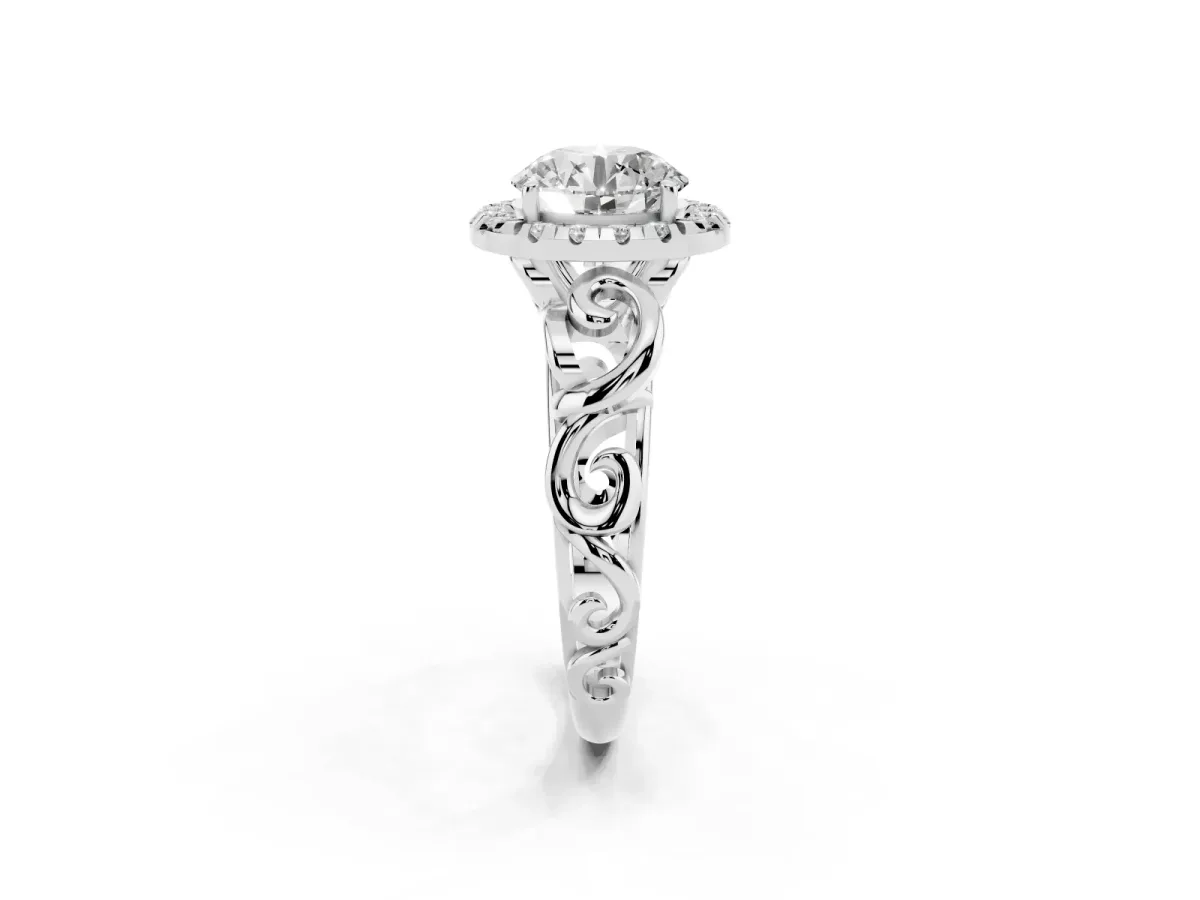 Round Cut Cut Halo Diamond Ring with Scrollwork Band and Four-Prong Setting Silver