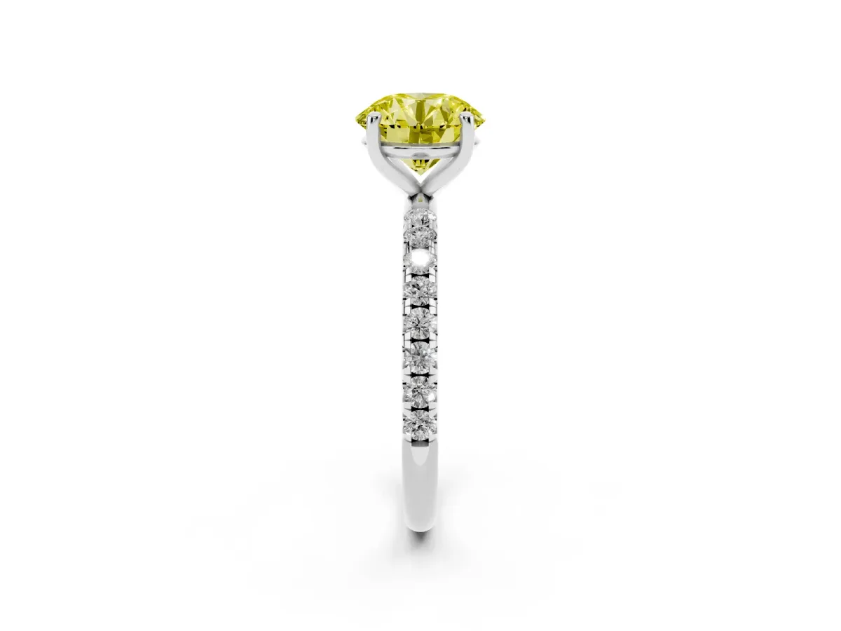 Fancy Yellow Round Cut Cut Diamond Solitaire Ring with Micro Pave Band and Four Prong Setting Platinum
