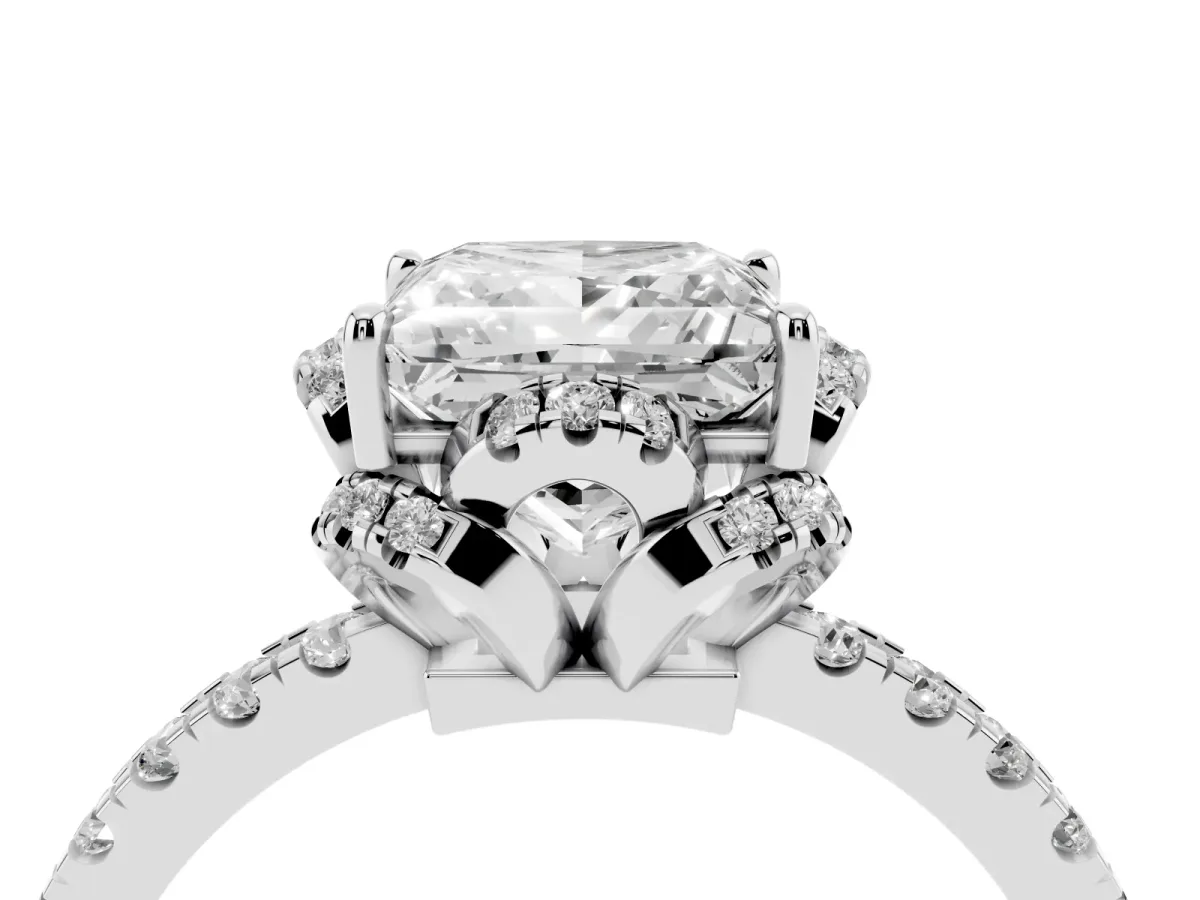 Princess Cut Halo Diamond Pave Band Ring with Four-Prong Setting Silver
