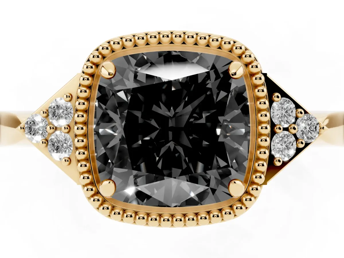 Fancy Black Hexagonal Halo Cushion Cut Diamond Solitaire with Pavé Band and Four-Prong Setting Yellow gold