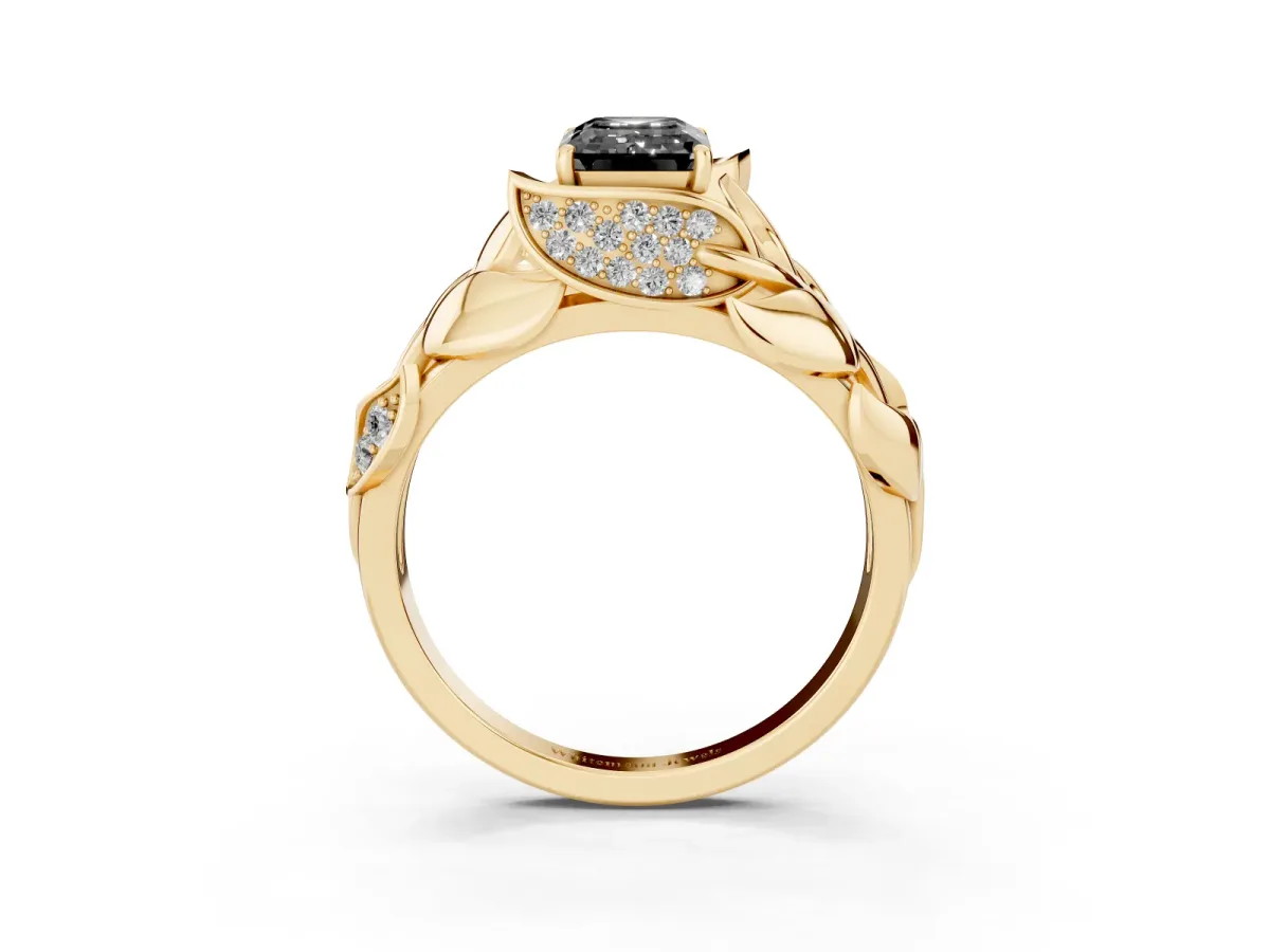 Fancy Black Emerald Cut Diamond Leaf-Inspired Engagement Ring with Round Accents and Prong Setting Yellow gold