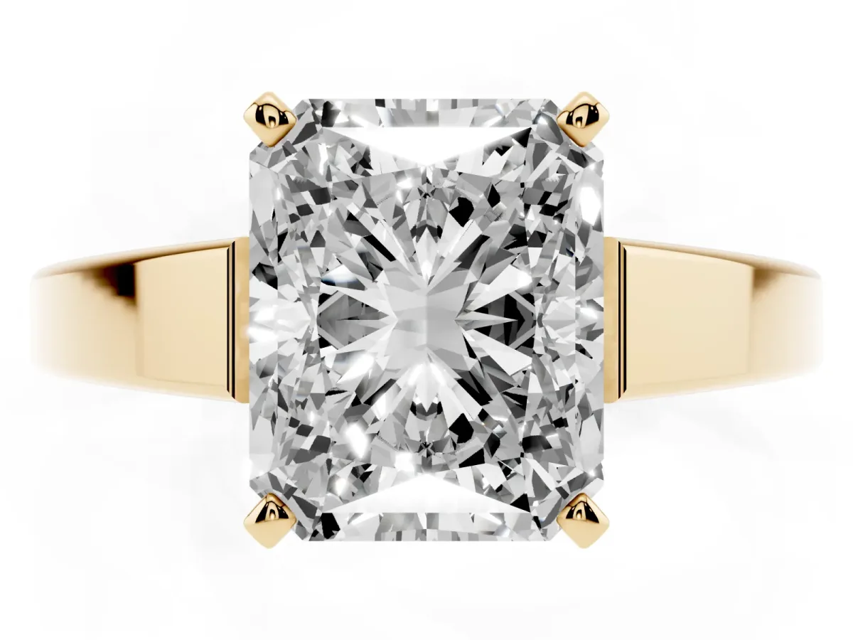 Radiant Cut Solitaire Engagement Ring with Four-Prong Setting and Tapered Band Yellow gold