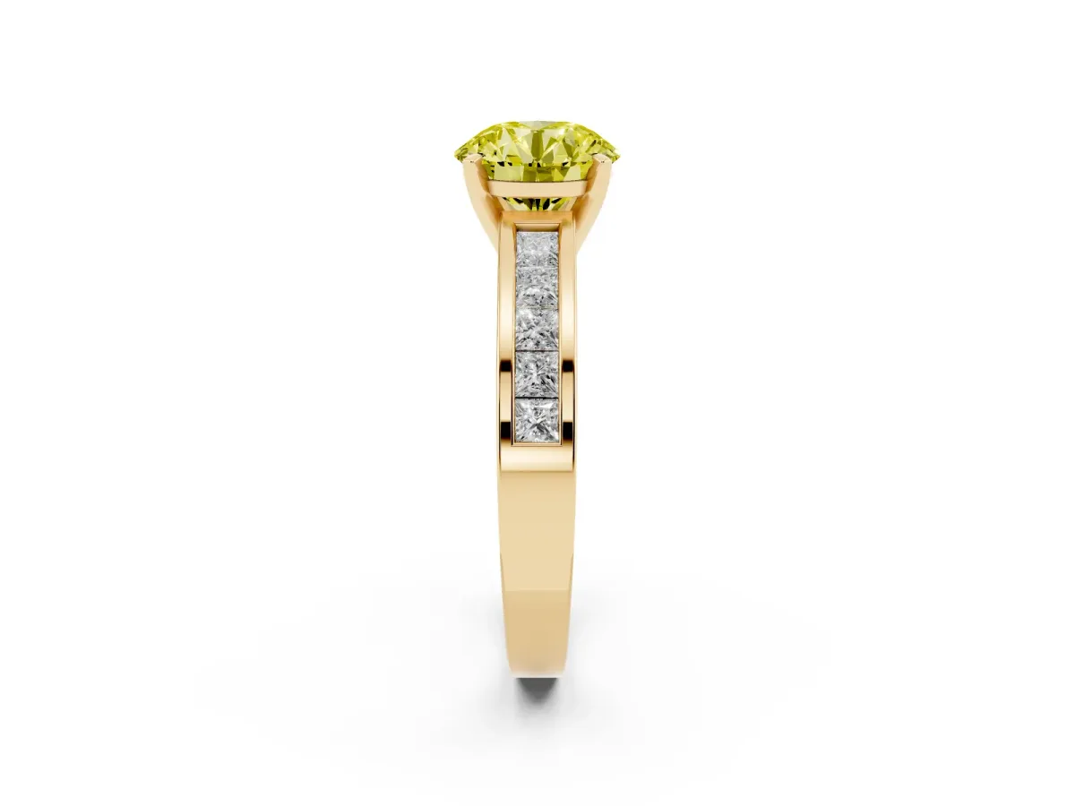 Fancy Yellow Round Cut Solitaire Diamond Ring with Channel-Set Band and Four-Prong Setting Yellow gold
