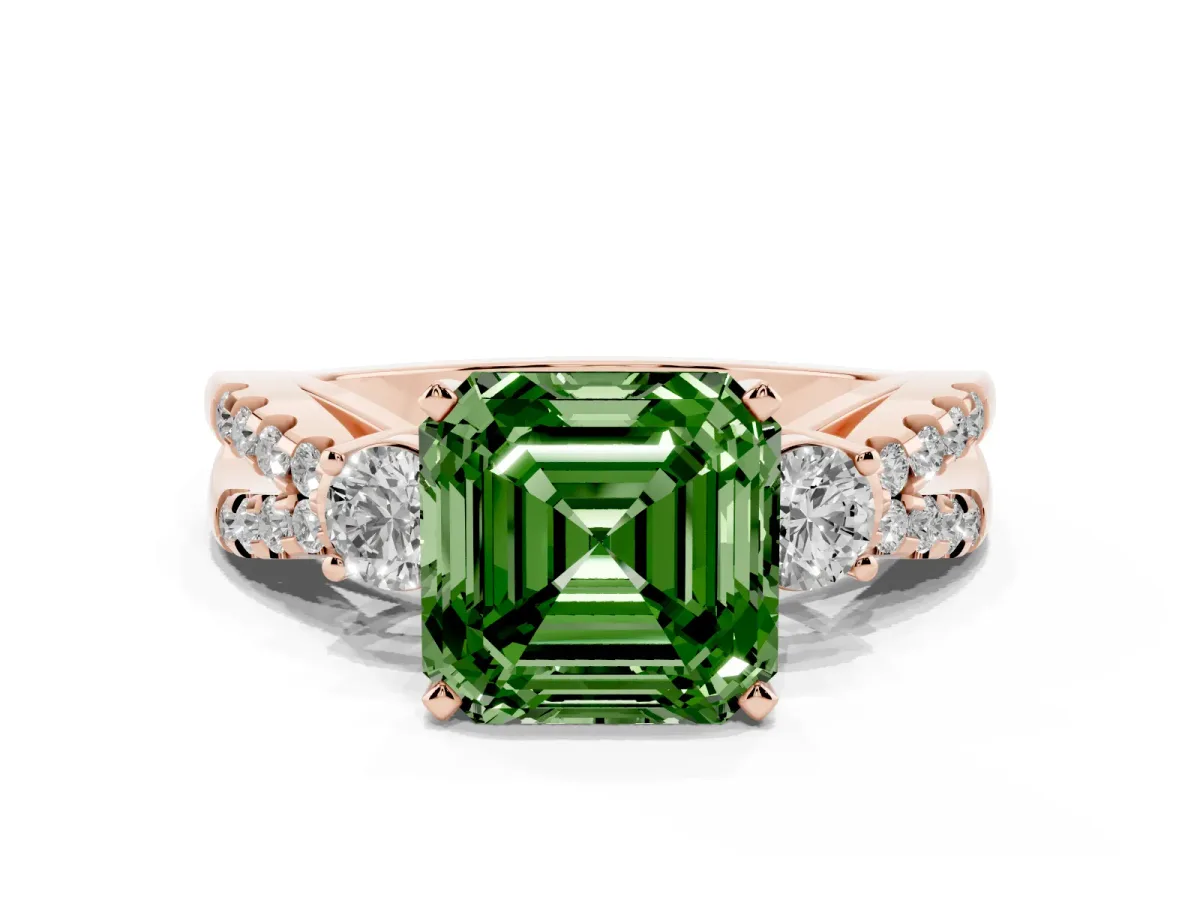 Fancy Green Asscher Cut Diamond Three-Stone Ring with Pavé Split Shank and Four-Prong Setting Rose gold