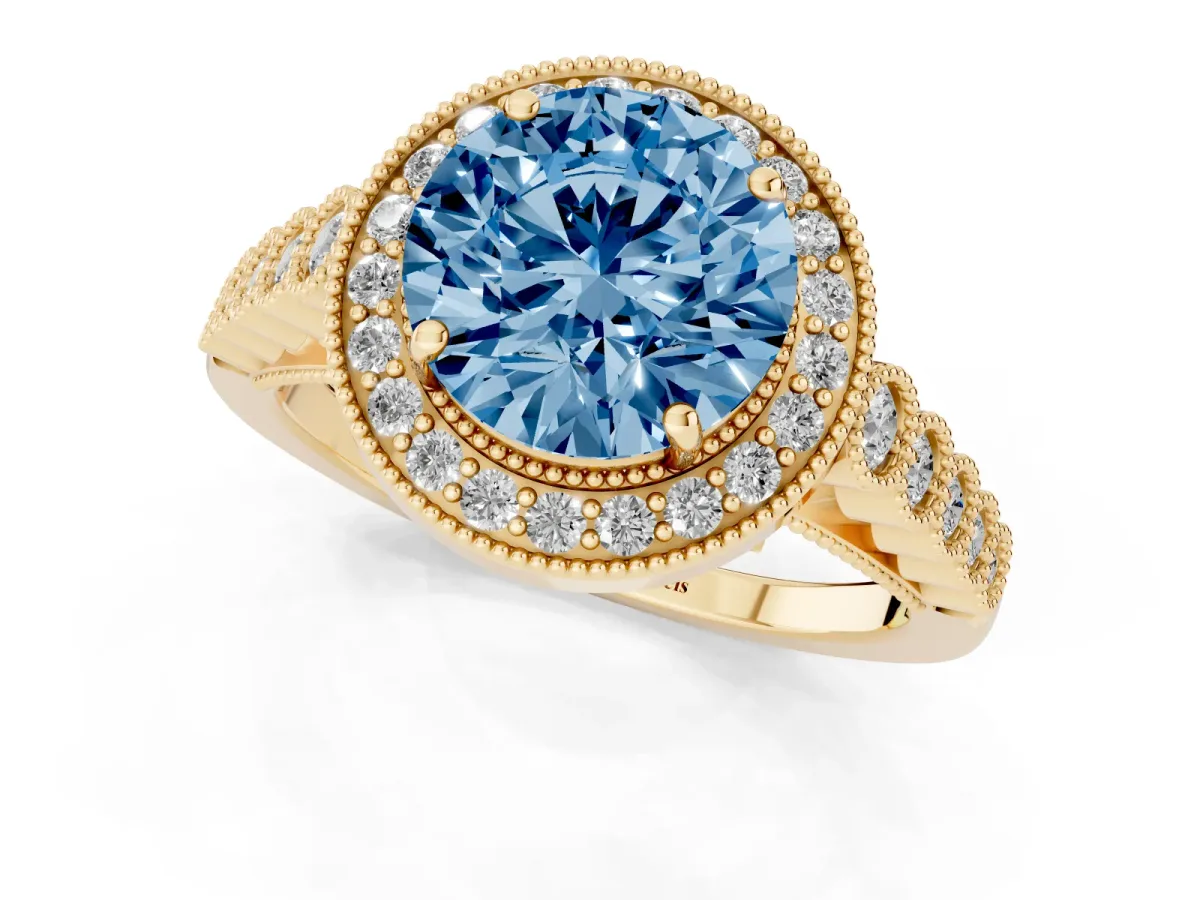 Fancy Blue Round Cut Halo Milgrain Solitaire with Bezel Set Side Stones and Pave Band Yellow gold