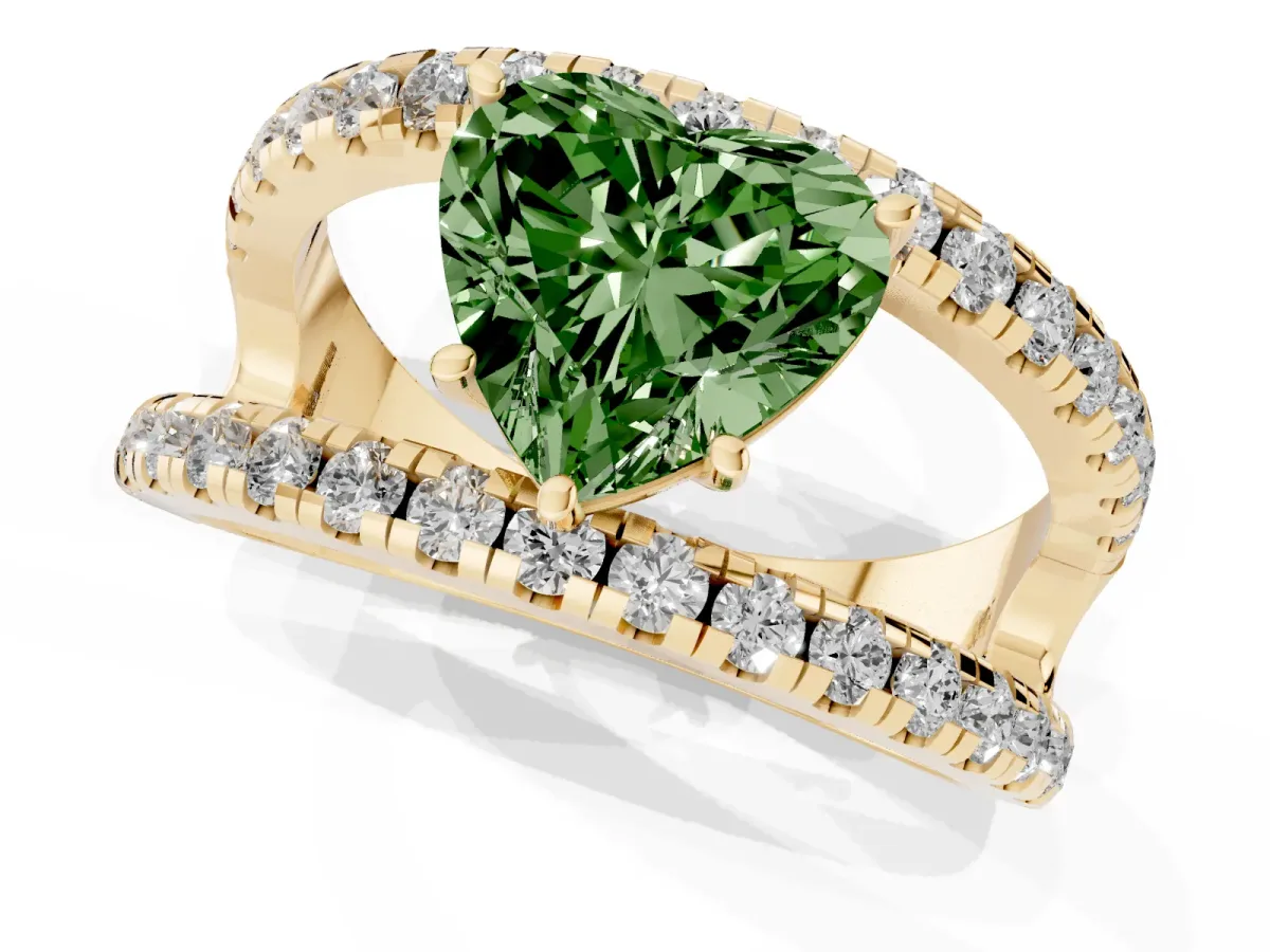 Fancy Green Heart Cut Solitaire Split Shank Pave Diamond Ring Yellow gold