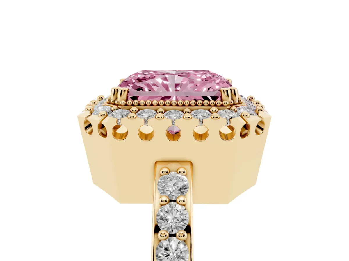 Fancy Pink Radiant Cut Diamond Halo Ring with Pavé Band and Prong Setting Yellow gold