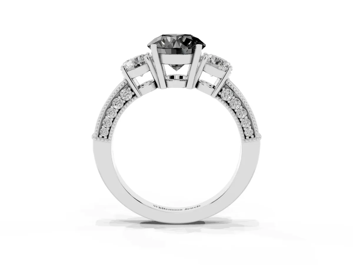 Fancy Black Round Cut Three-Stone Diamond Ring with Pavé Band and Four-Prong Setting Silver