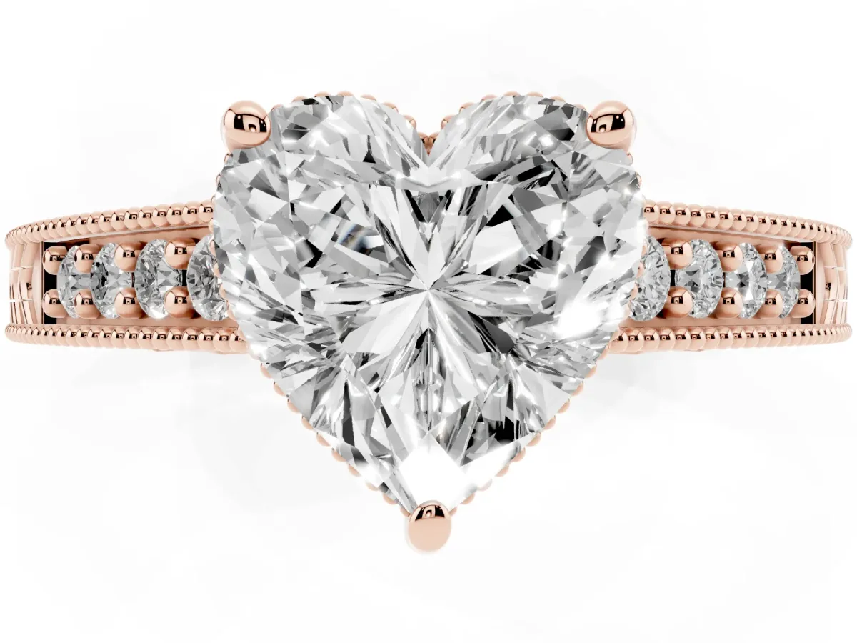 Heart Cut Solitaire Pavé Diamond Milgrain Engagement Ring with Four-Prong Setting Rose gold