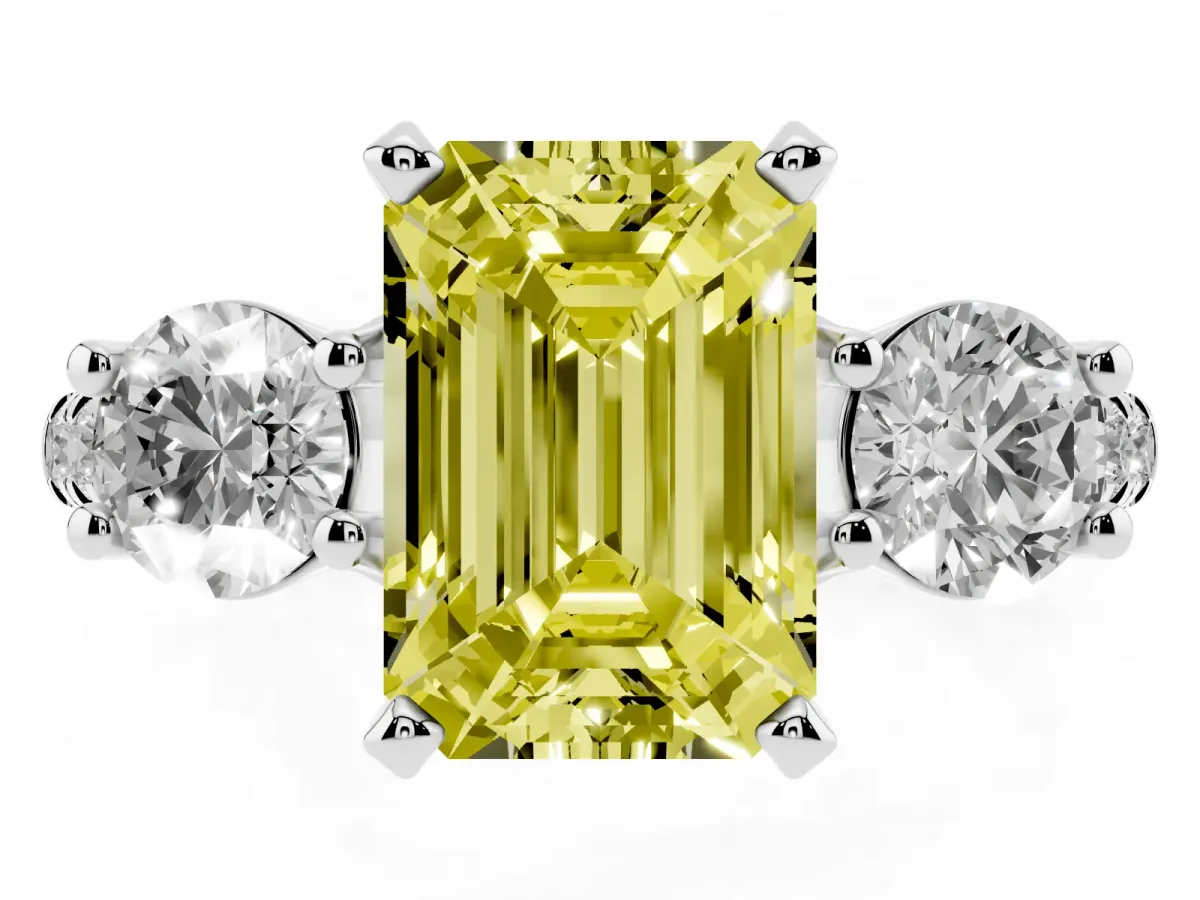 Fancy Yellow Three-Stone Emerald Cut Diamond Pavé Band with Four-Prong Setting Silver