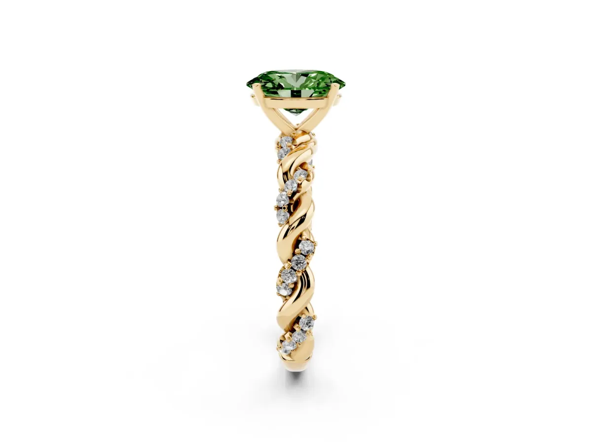 Fancy Green Oval Cut Diamond Solitaire Ring with Twisted Band and Pavé Accents Yellow gold