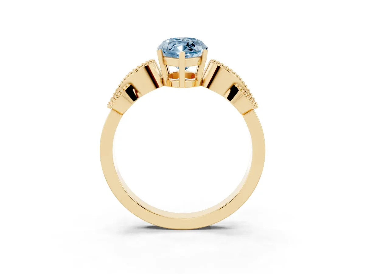 Fancy Blue Marquise Cut Solitaire Milgrain Leaf Band with Prong Setting Yellow gold