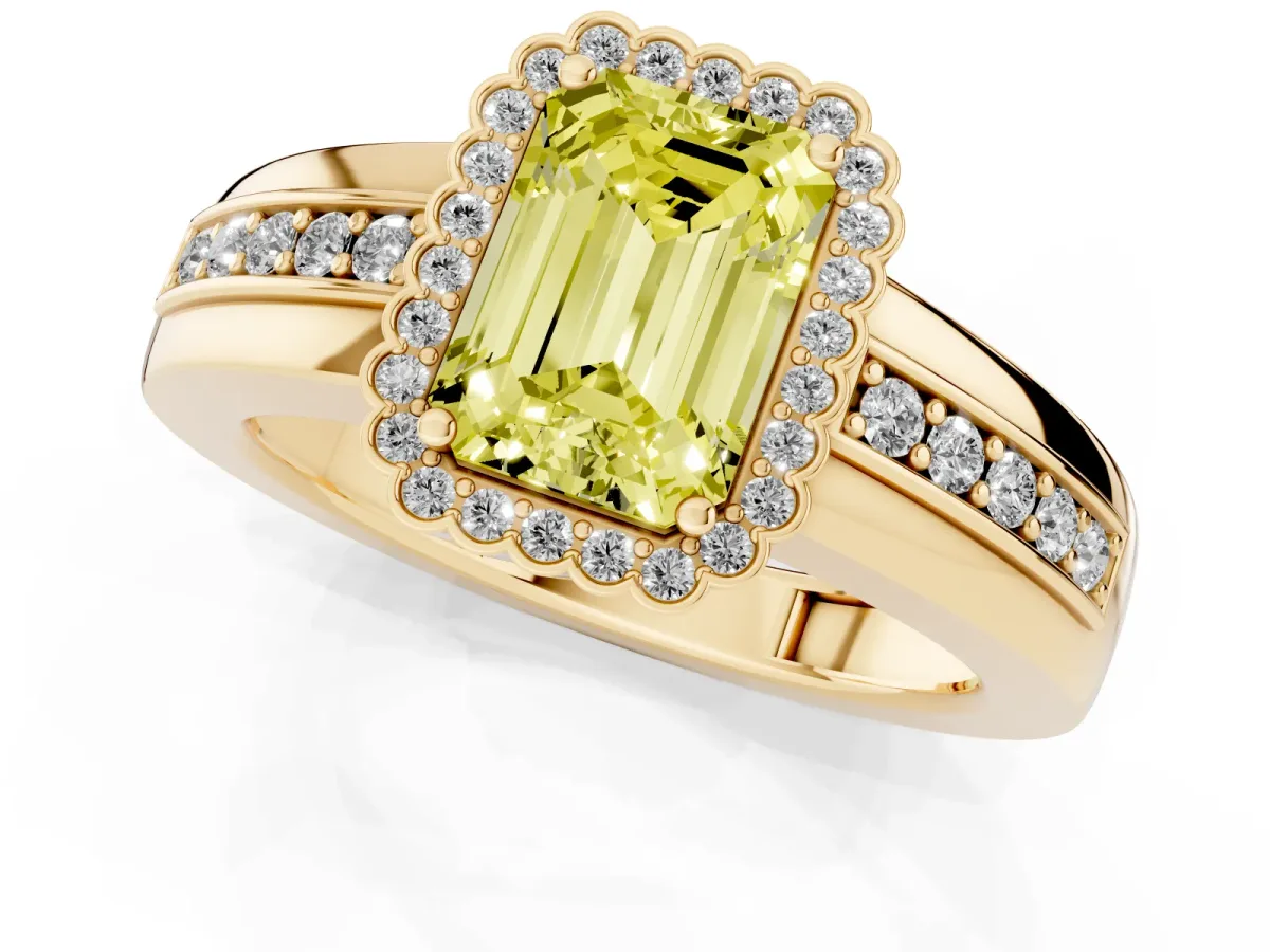 Fancy Yellow Emerald Cut Cut Halo Pave Band Four-Prong Ring Yellow gold