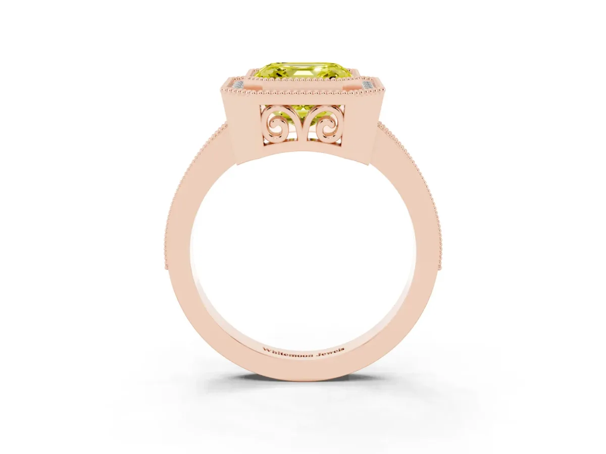 Fancy Yellow Asscher Cut Cut Halo Diamond Ring with Pavé Band and Milgrain Prong Setting Rose gold